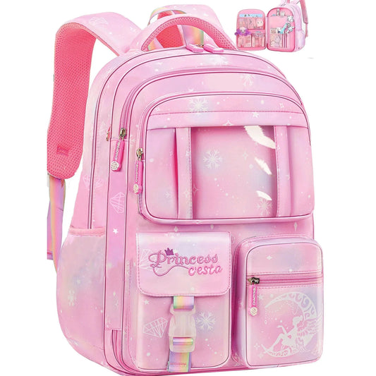 Ficcug School Bag Backpacks for Girls,Elementary Shoulder School Bookbag for Kids Teens,Pink
