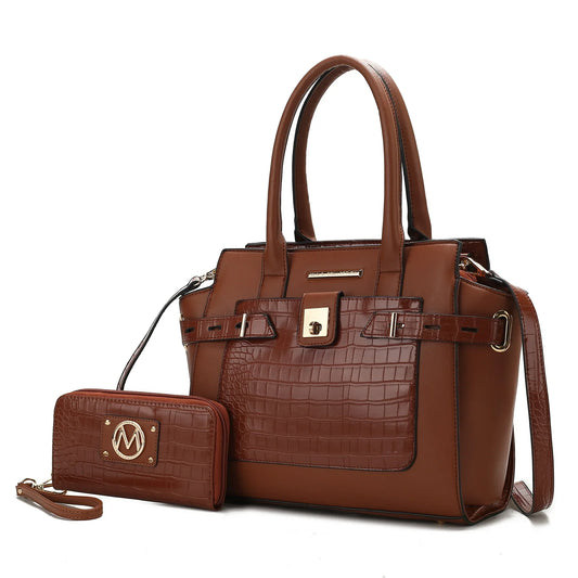 MKF Collection Isla Women's Satchel Bag with wallet Crocodile Vegan Leather Shoulder Bag 2Pcs Handbag Purse by Mia K - Cognac