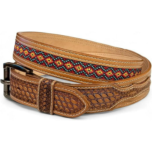 Western Leather Belt for Men Cowboy Handmade Belt Embossed Beaded